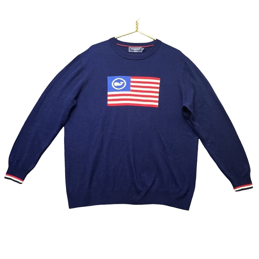 Vineyard Vines Cashmere Sweater Men XL American Flag Whale Navy Blue Crewneck